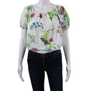 MDS Stripes Womens Cotton Floral Cropped Short Sleeve Blouse White Size 2